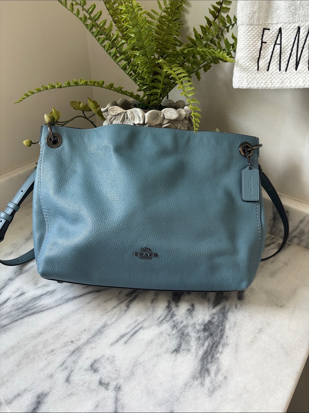 Coach Pebbled Leather Shoulder Bag in Dusty Blue